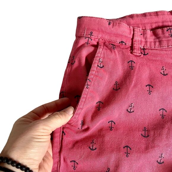 KnickerBocker Mens Chino Shorts Red Salmon Denim Anchor Ocean Print Sz 34 - Picture 3 of 8